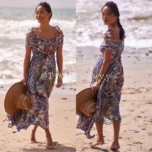 ANTHROPOLOGIE Smocked Gauze Criss Cross Maxi Dress Coverup Blue Size XXS NWT